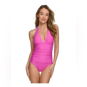 DKNY Carnation Pink Halter One Piece Swimsuit Large-NWT